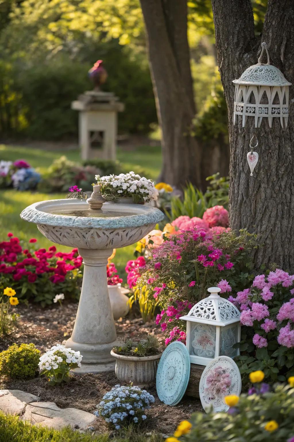 Garden accessories injecting charm into a vibrant flower garden.