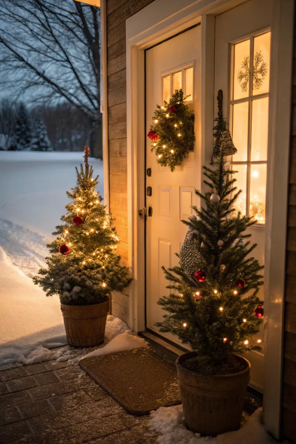 Miniature Christmas trees in vases offer celebratory verdure to the doorway.