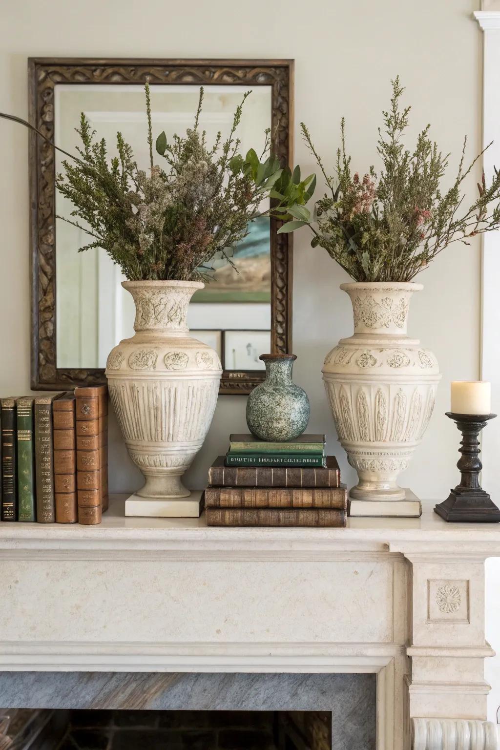 This well balanced mantel is made harmonious by symmetry.