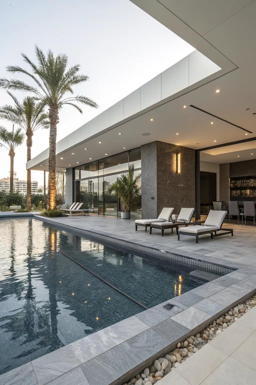 A stylish escape with smooth, modern styles by the pool.
