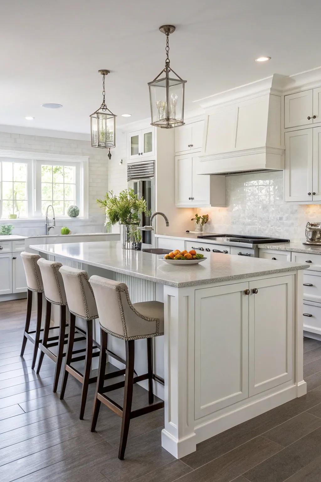 A white kitchen island that doubles as a casual dining area.
