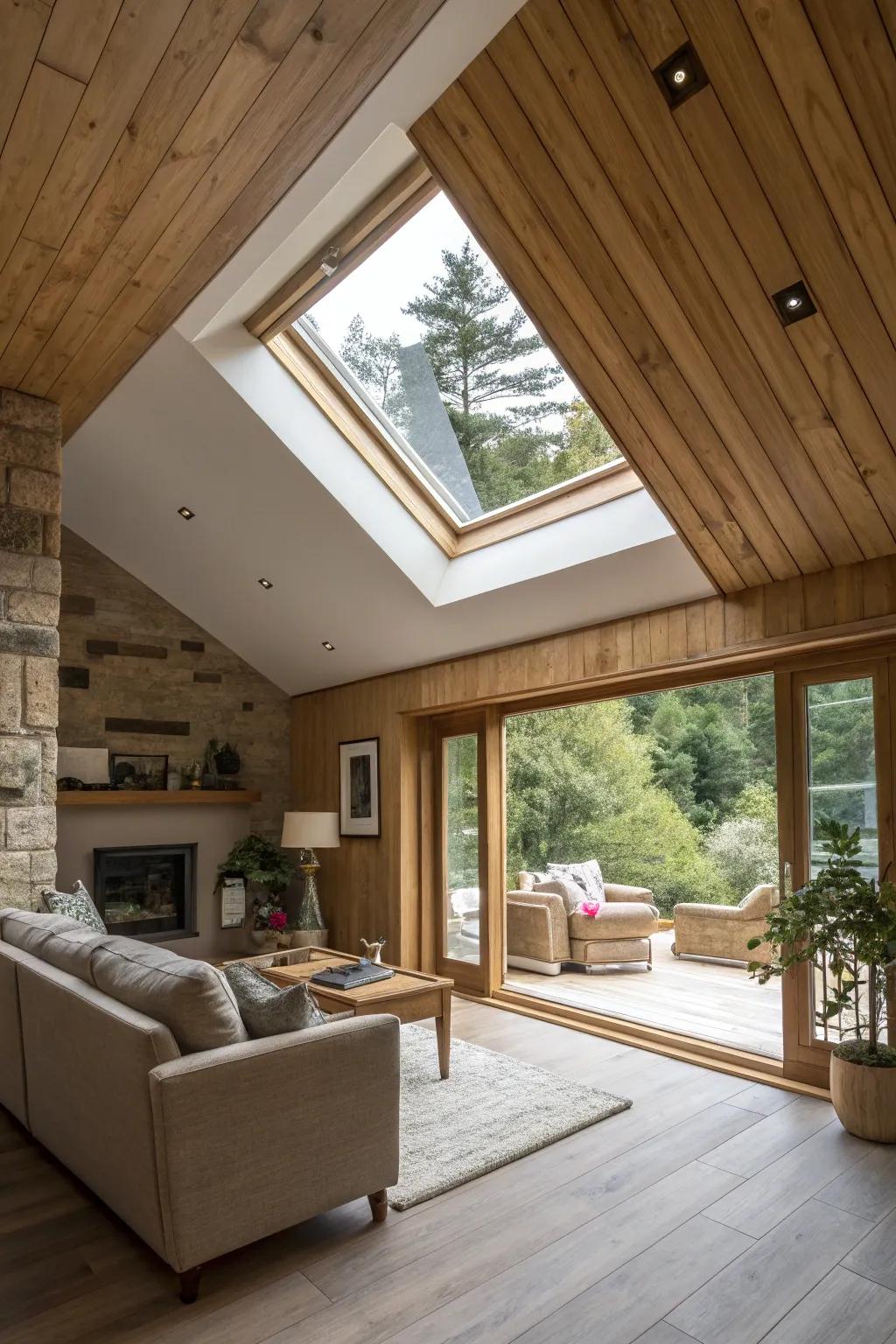 A living space with a skylight framed by timber sections.