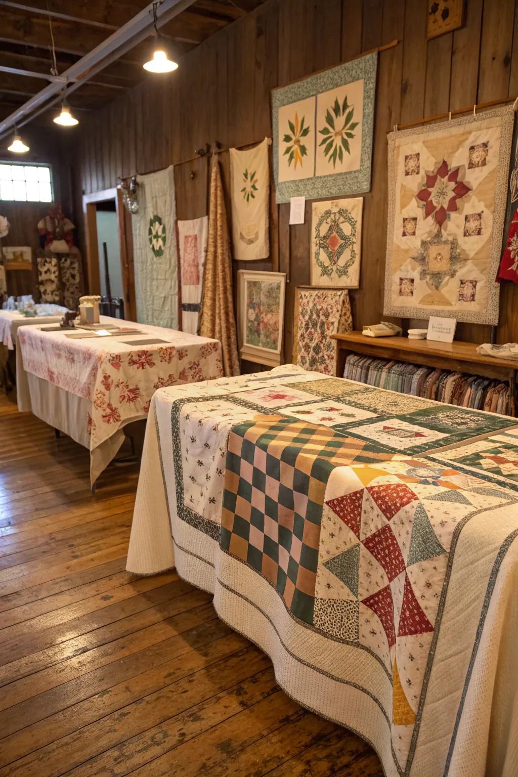 Historical comforters draped over tables to exhibit comfortable surfaces