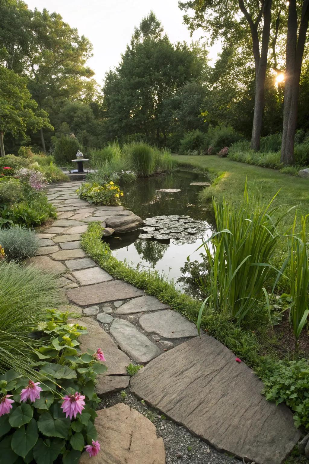 A stone-laid path guides people to this tranquil pond.