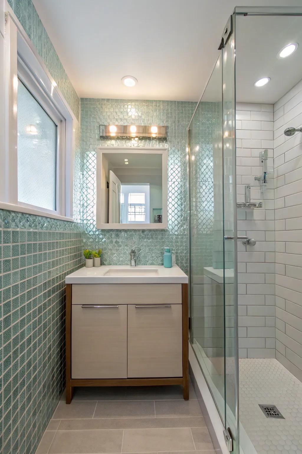 Glass tiles amplify light and space in smaller bathrooms.