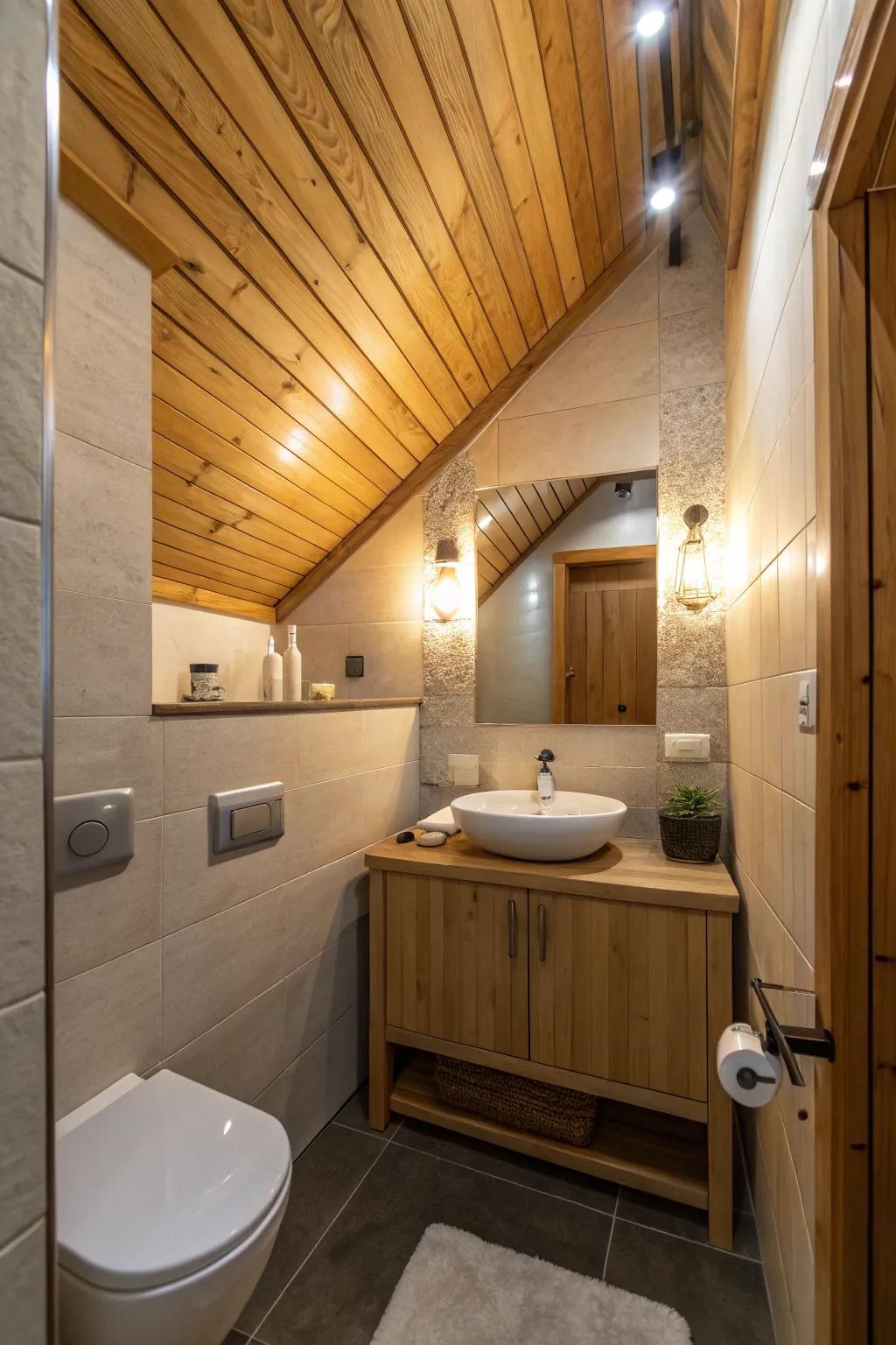 Integrated lights emphasize the beauty of the wood ceiling.