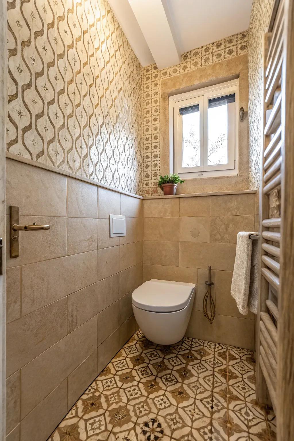 A compact bathroom showcasing textured beige tiles.