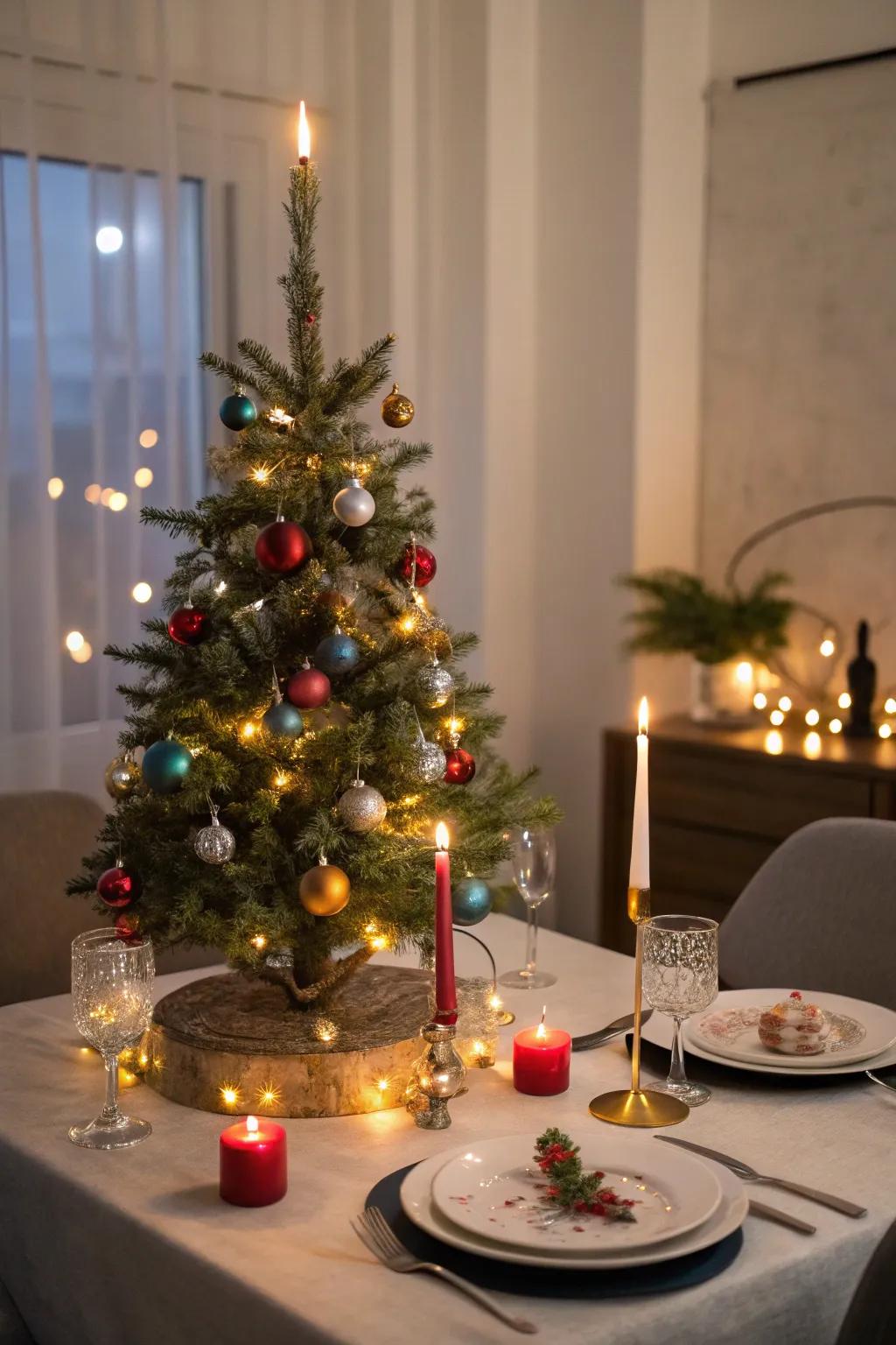 A tabletop festive fir serves as a festive dining table showpiece.