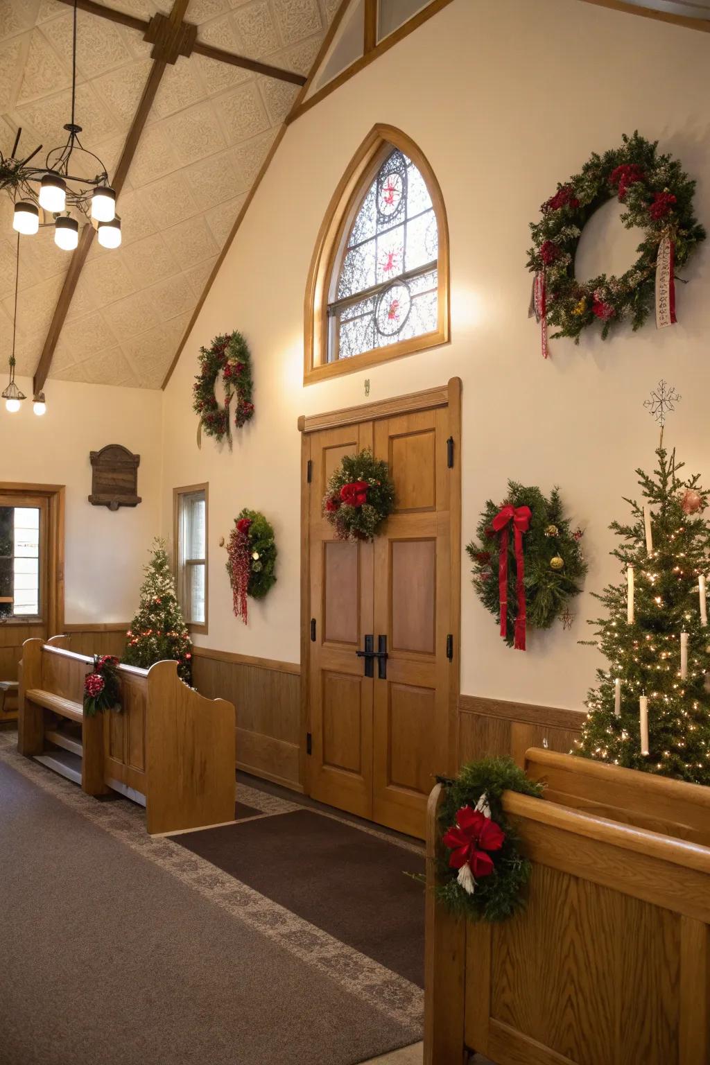 Holiday decorations that bring a fresh mood to the church entrance.