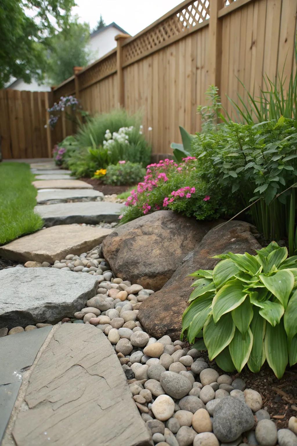 A range of stone surfaces enriches this rockery.