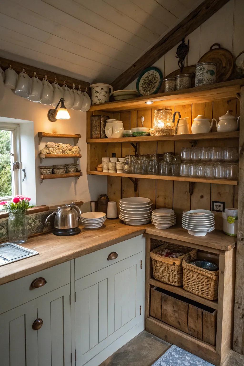 Uncovered shelving merges style and functionality inside this cottage cooking space.