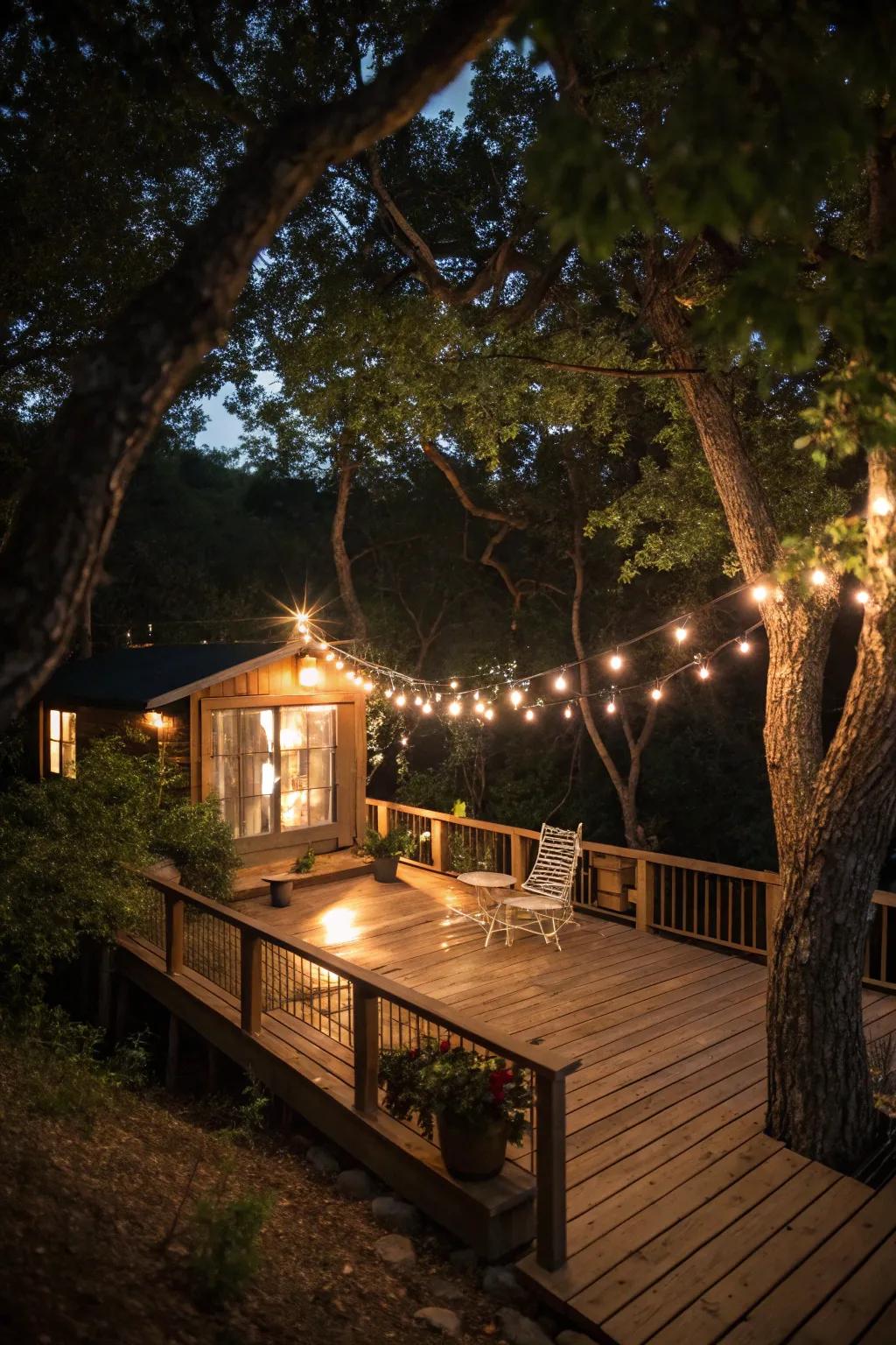 A small deck shining with the appeal of string lights.