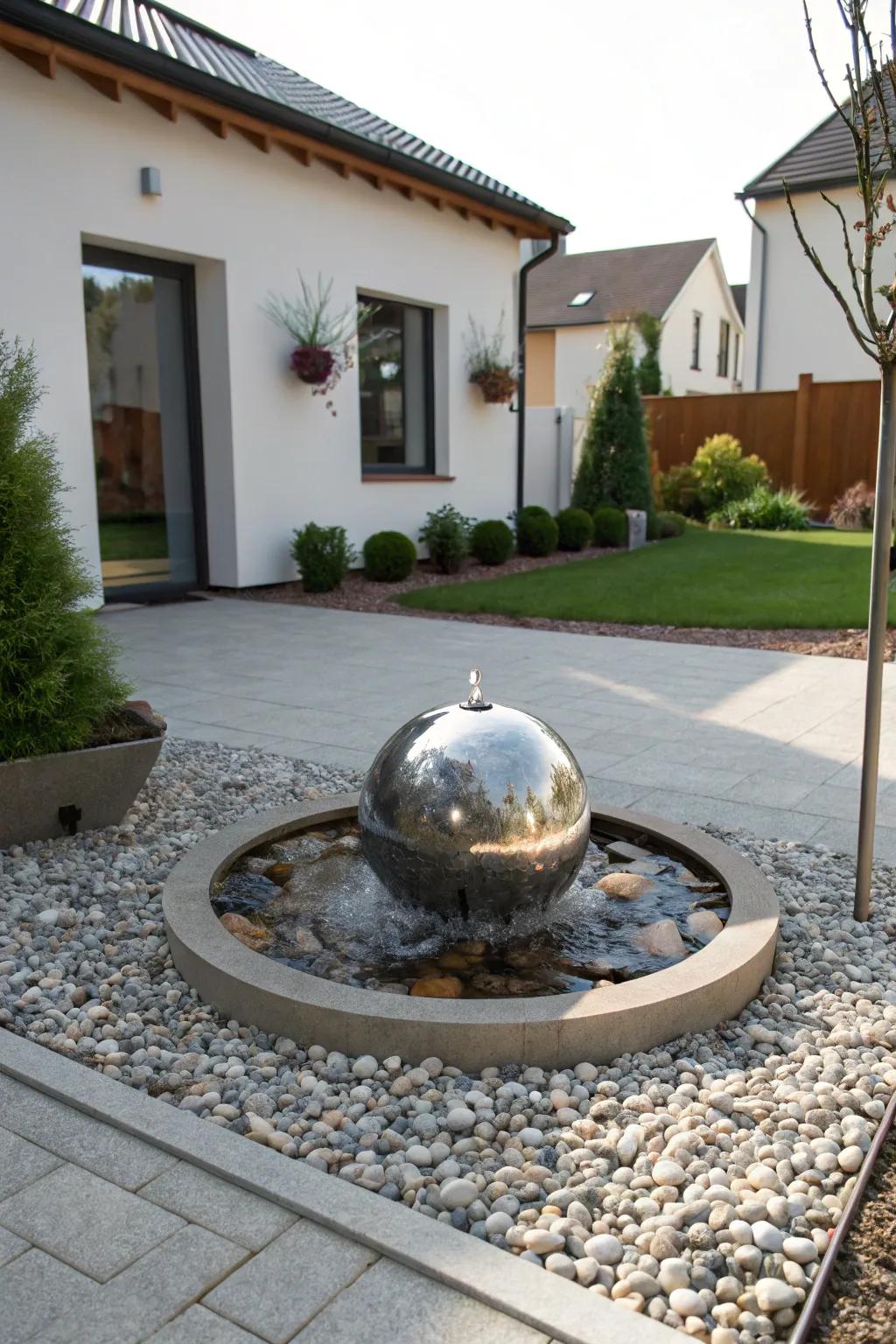 A metallic sphere fountain introduces modern refinement.