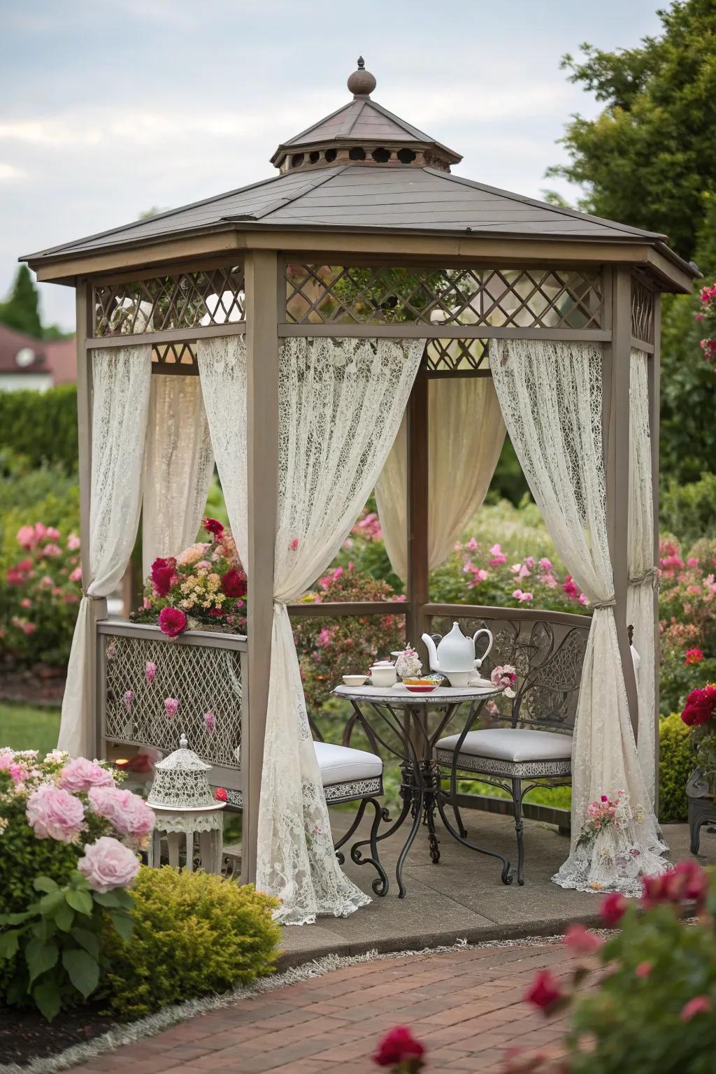 Sip tea elegantly with a delightful pavilion setting.