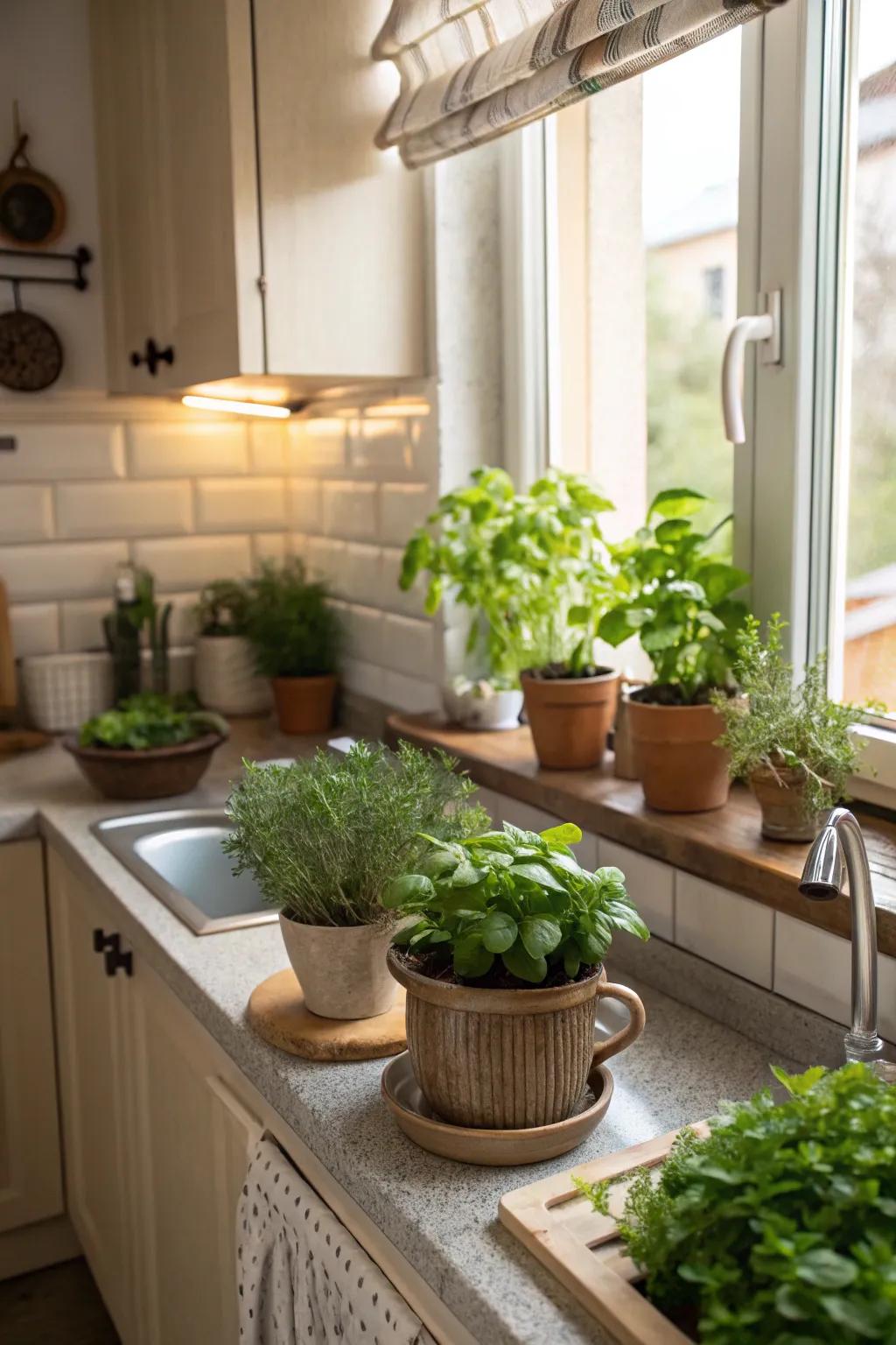 Vegetation breathes vitality into this compact kitchen arrangement.