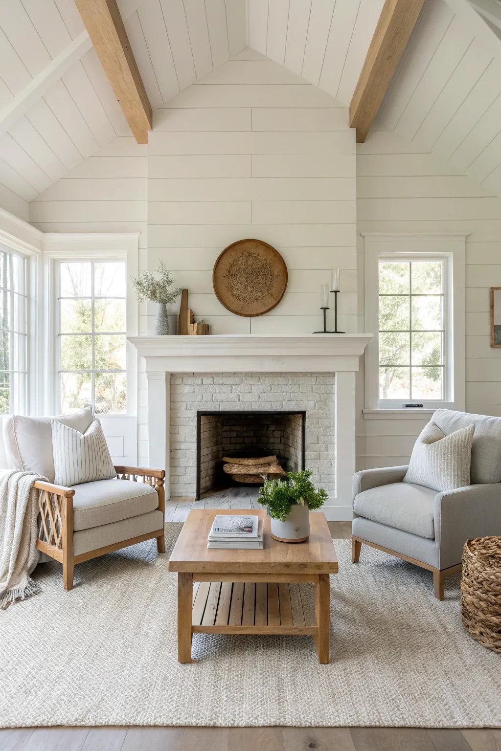 Soft, neutral tones around your fireplace establish an airy ambiance, making the room feel more expansive.