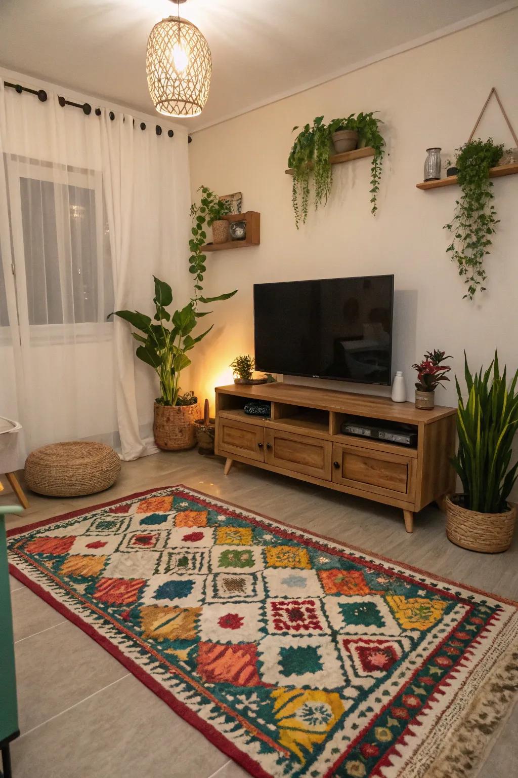 Accents like plants and rugs add warmth and style without taking up much space.