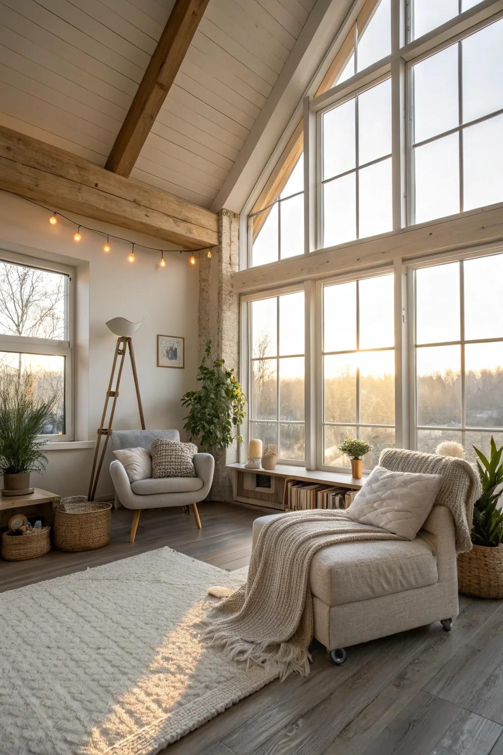 Natural light enhances the cozy atmosphere of a small loft.