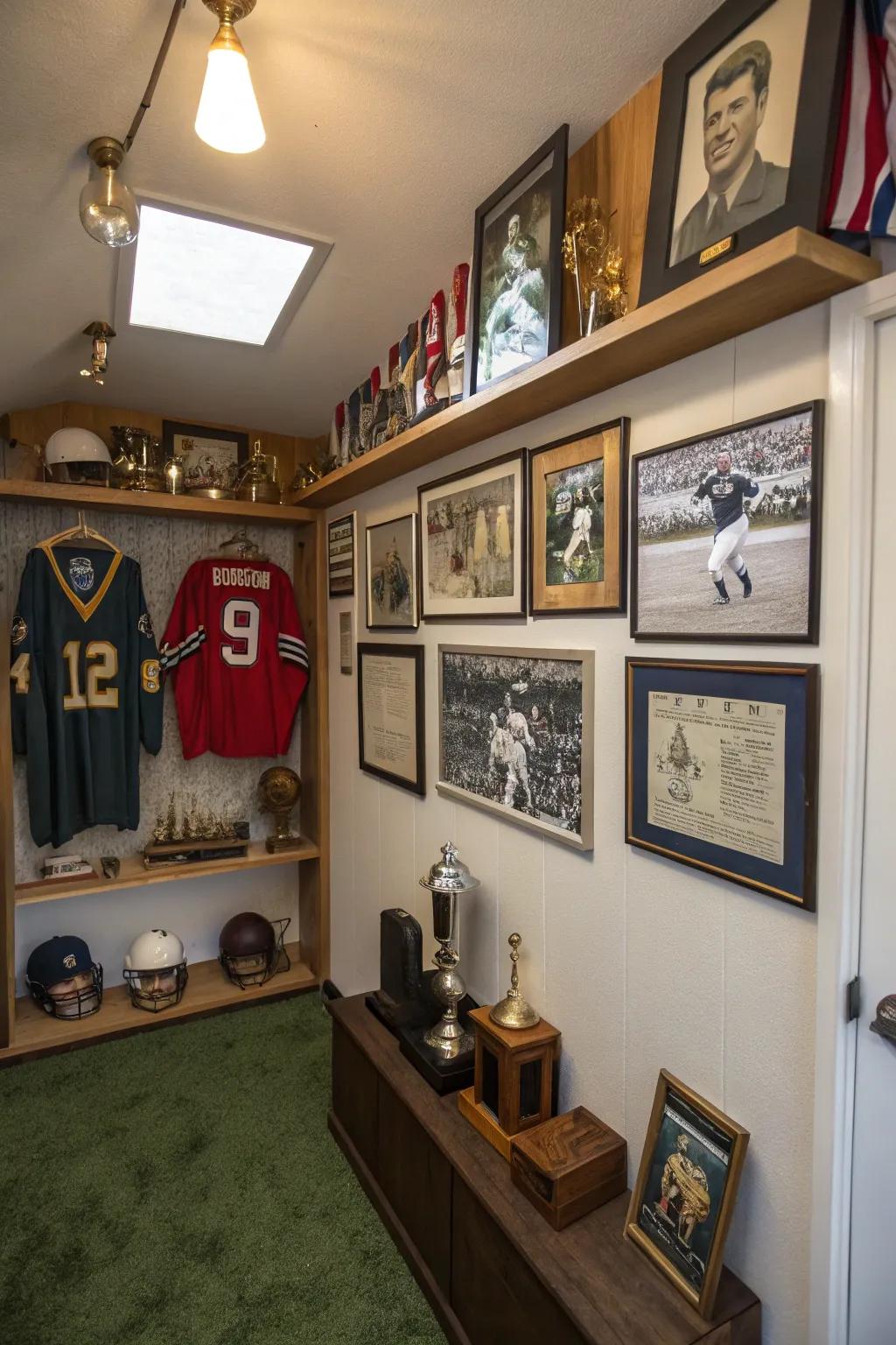 Sports collectibles and old posters add a personal touch to themed decor.