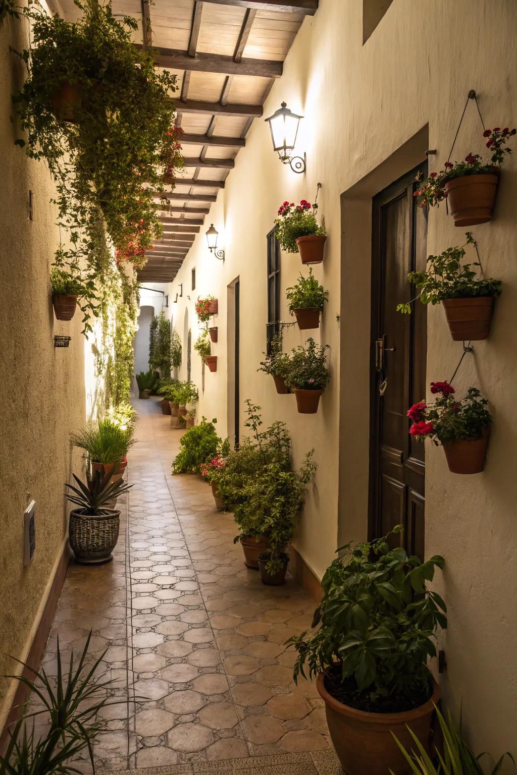 Greenery can breathe life into your narrow hallway with a touch of nature.