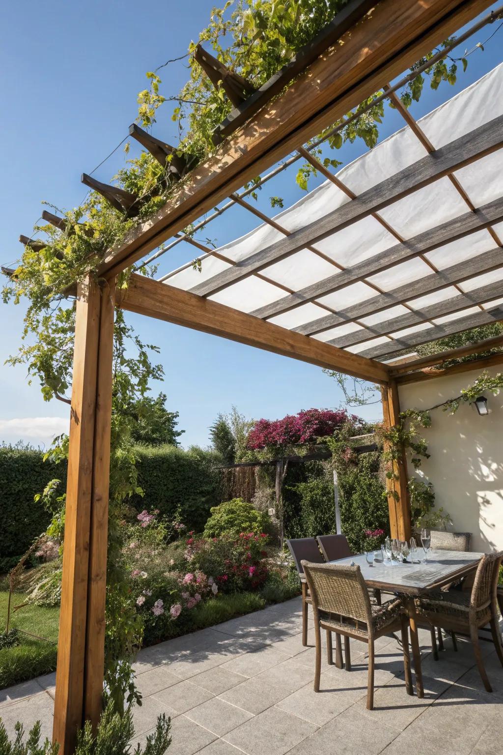 A retractable overhead covering injects versatility into a small patio framework.