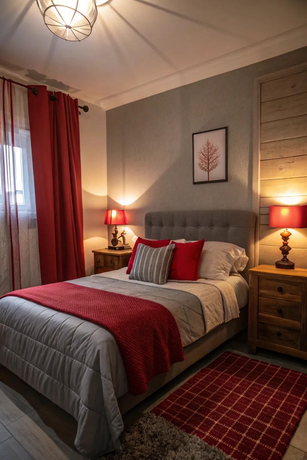 Gentle illumination in a compact bedroom amplifies the cozy ambiance of scarlet and charcoal shades.