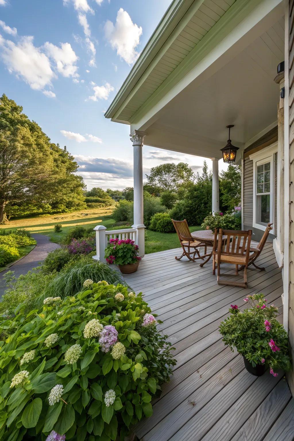 A side porch with elegantly laid wooden decking and a small table.