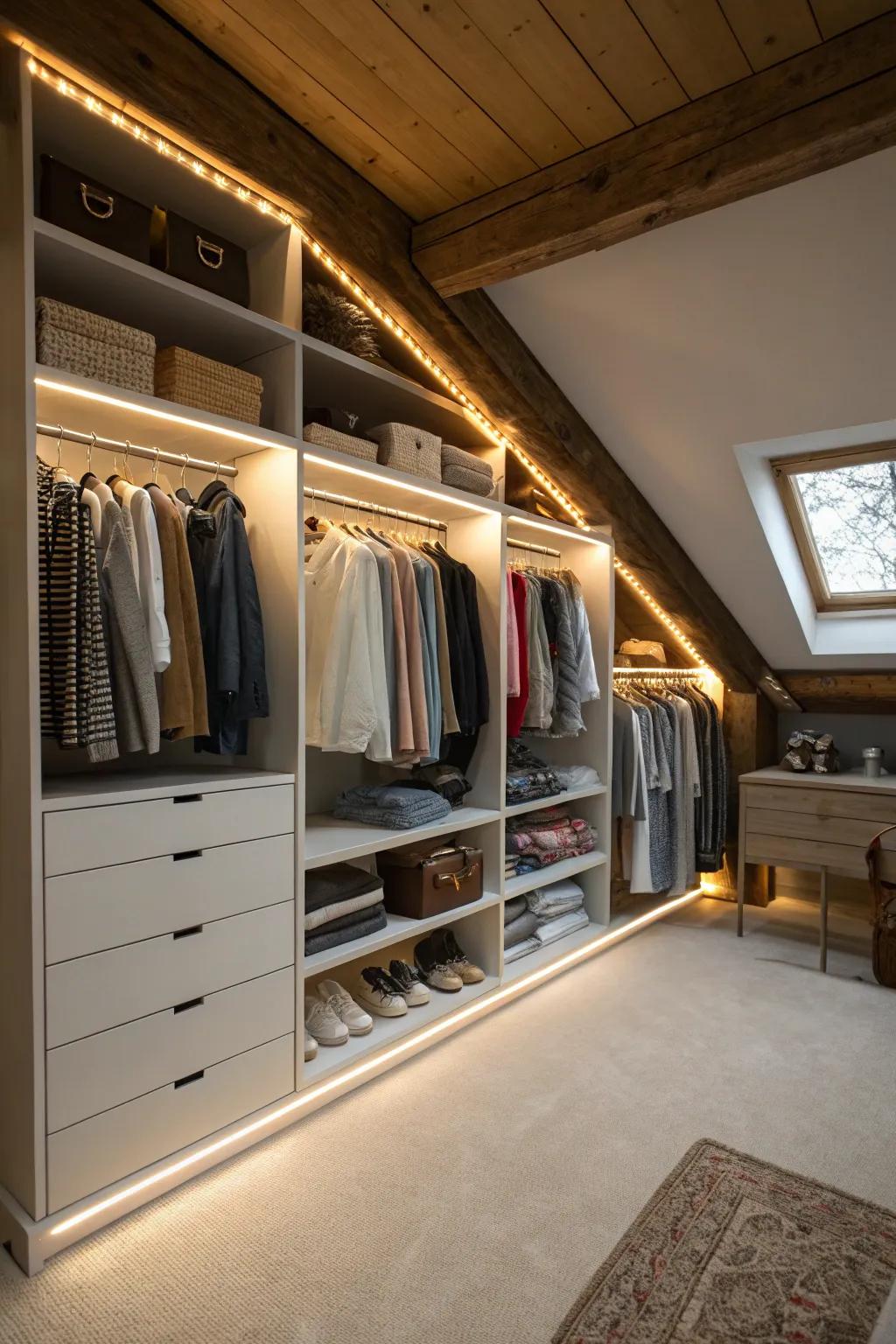 Expert lighting brings out and enhances your attic closet.