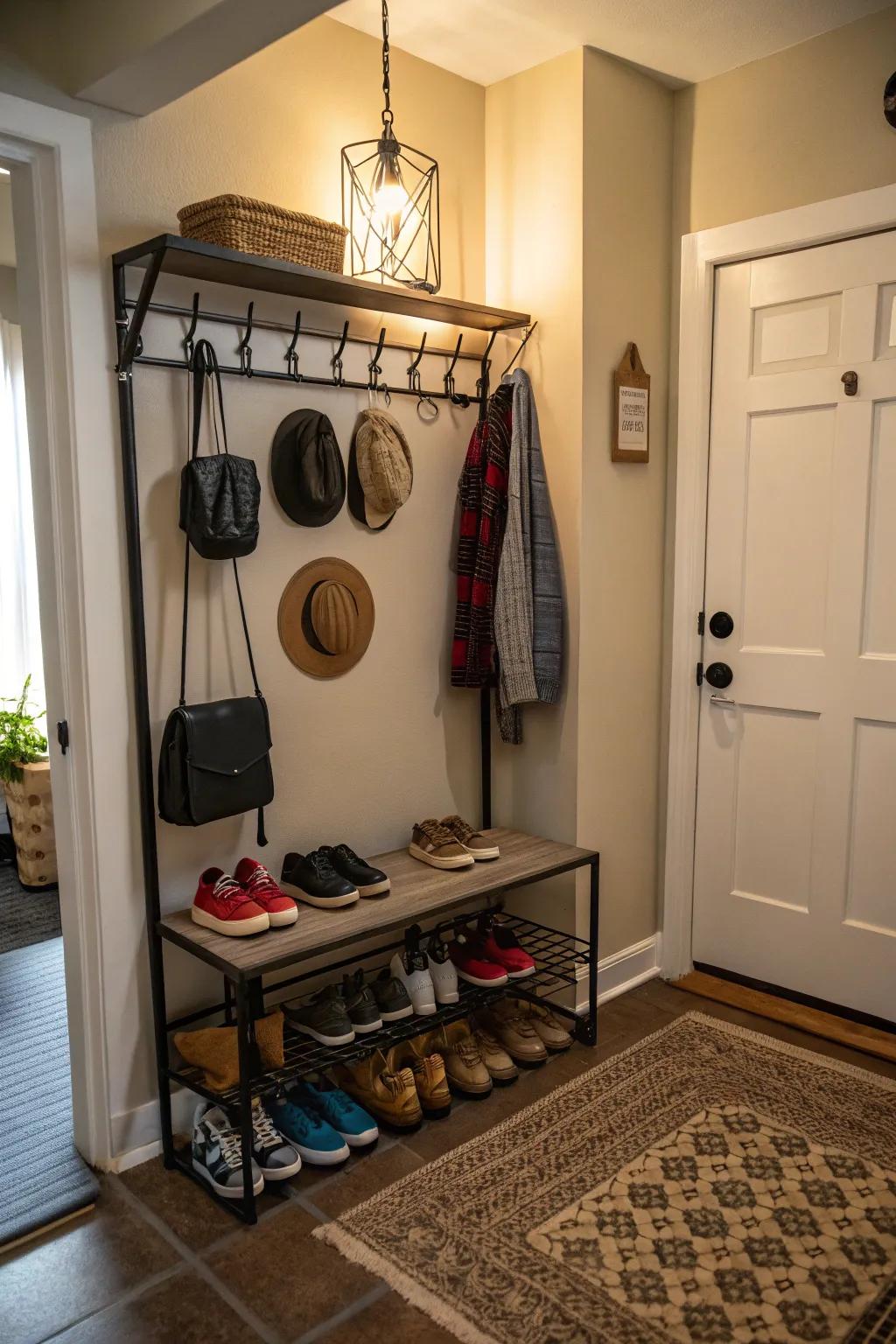 A rack hung over a door in an entrance area makes the most of the space for keeping shoes and accessories.
