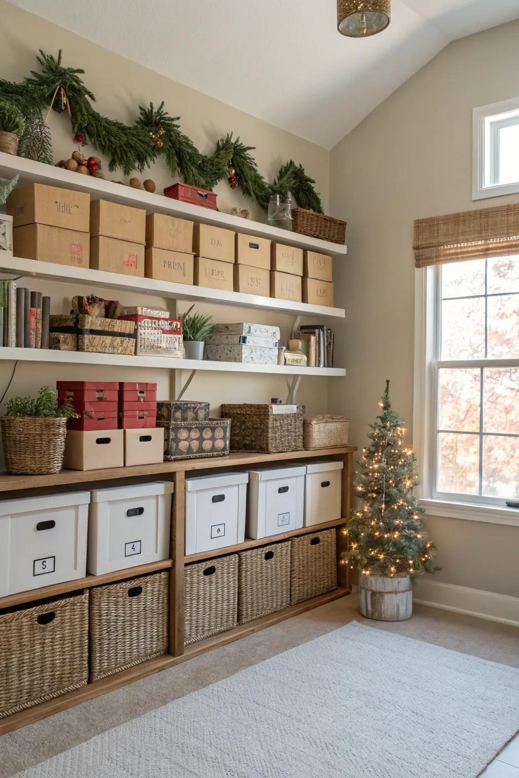 Overhead storage keeps infrequently used items tucked away.