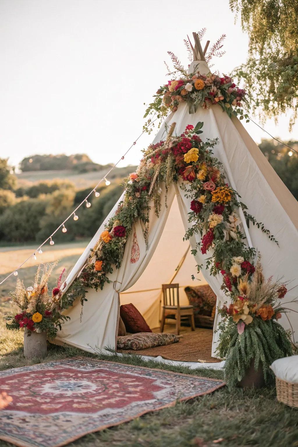 Tent adorned with delightful bloom accents.