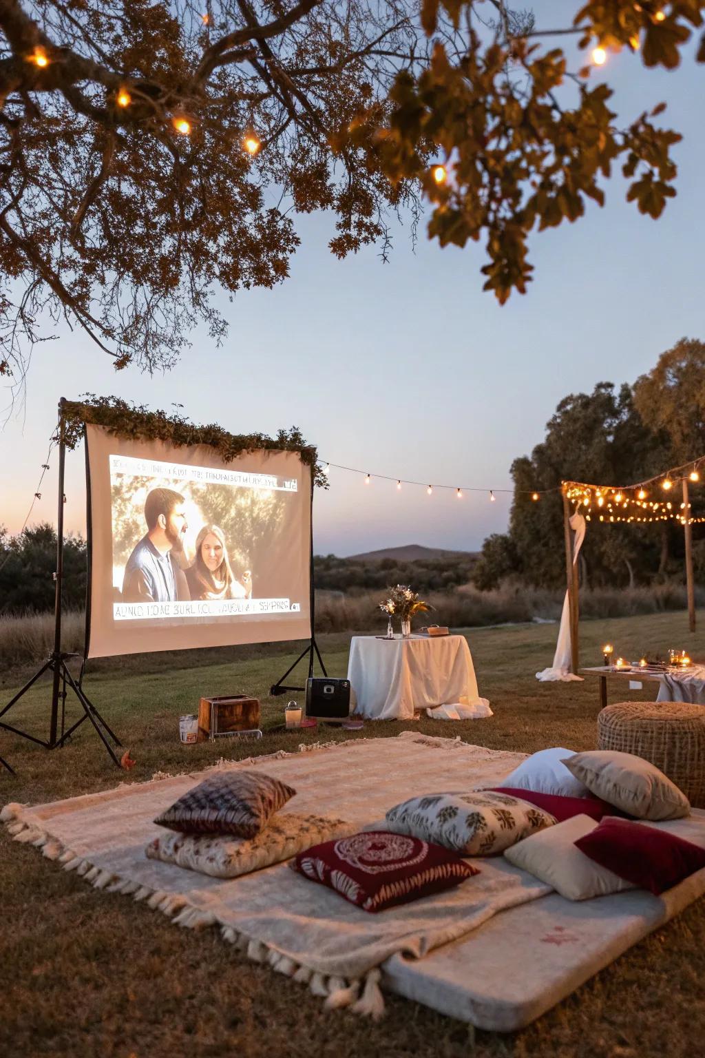 An outdoor movie night setup for a cozy wedding celebration.