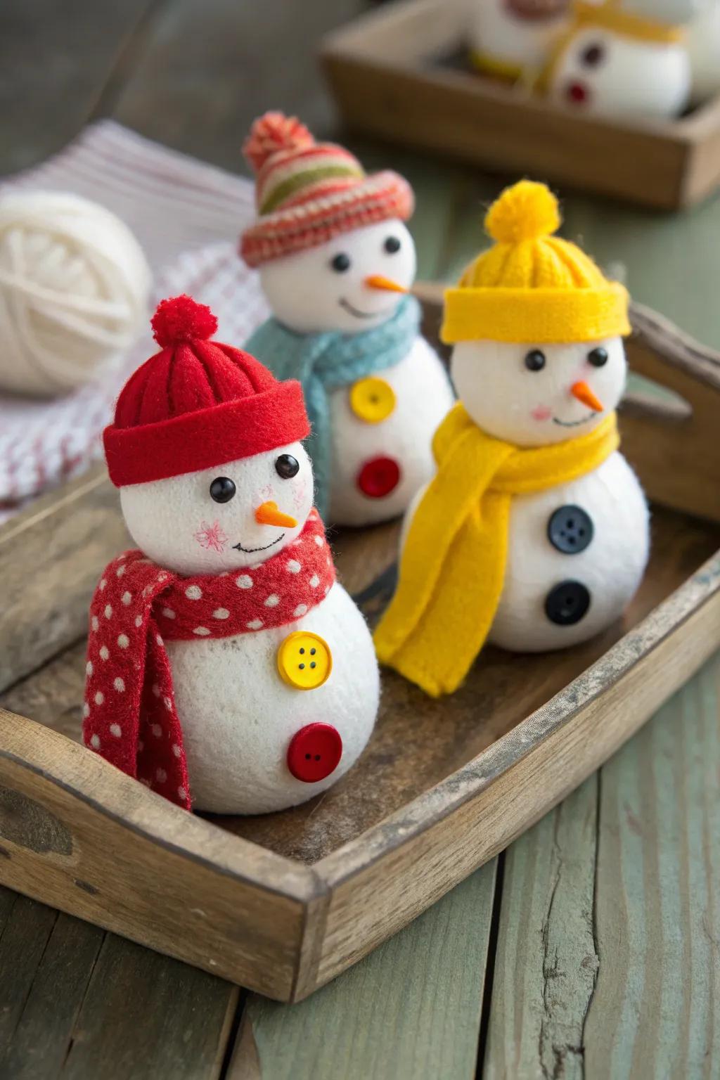 Fastener snow figures introduce a vintage feel to winter decorations.