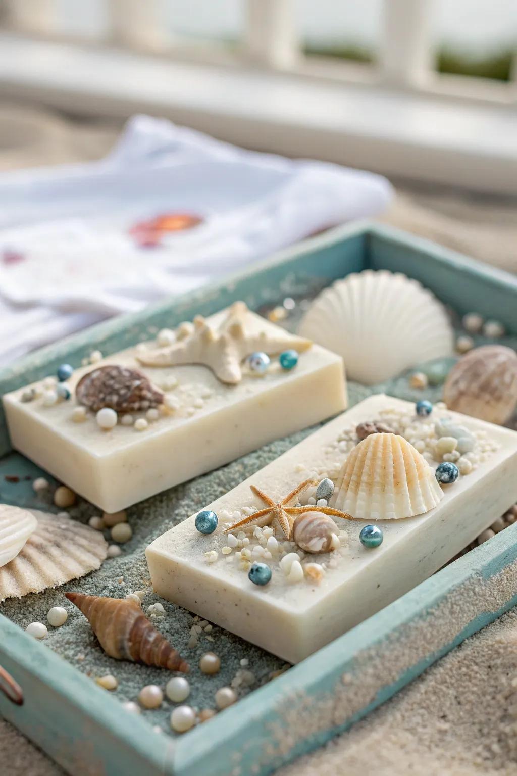 Whimsical bath bars with integrated shells that give your bathroom a taste of the ocean.