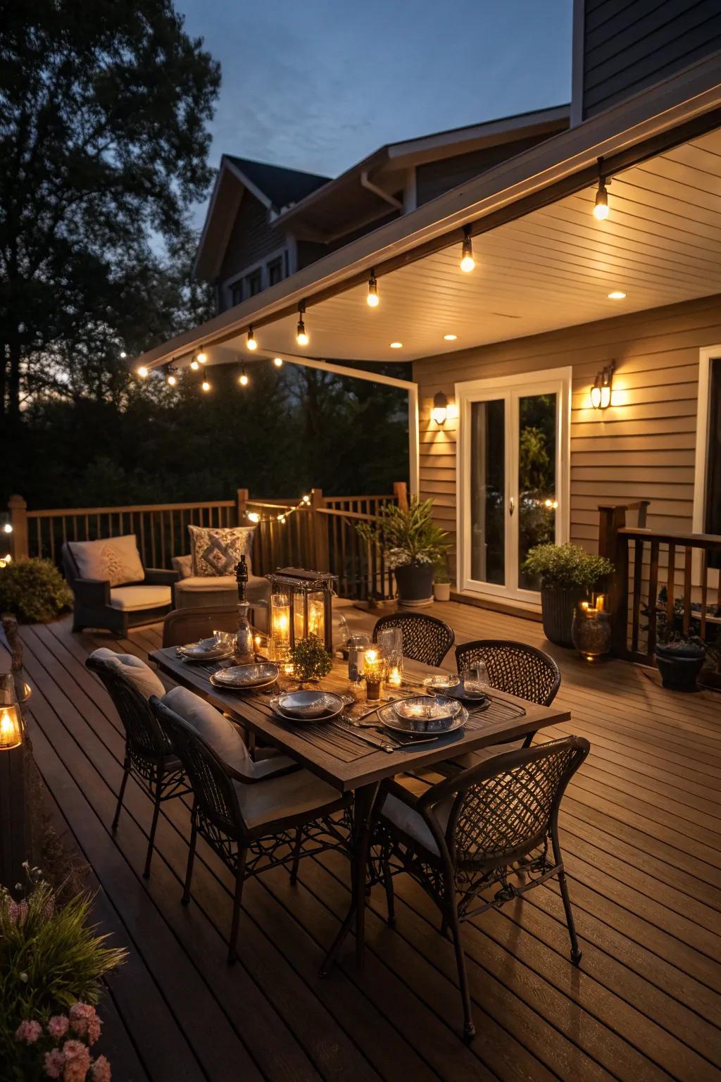 Soffit illumination crafts a cozy, relaxed atmosphere for patio gatherings.