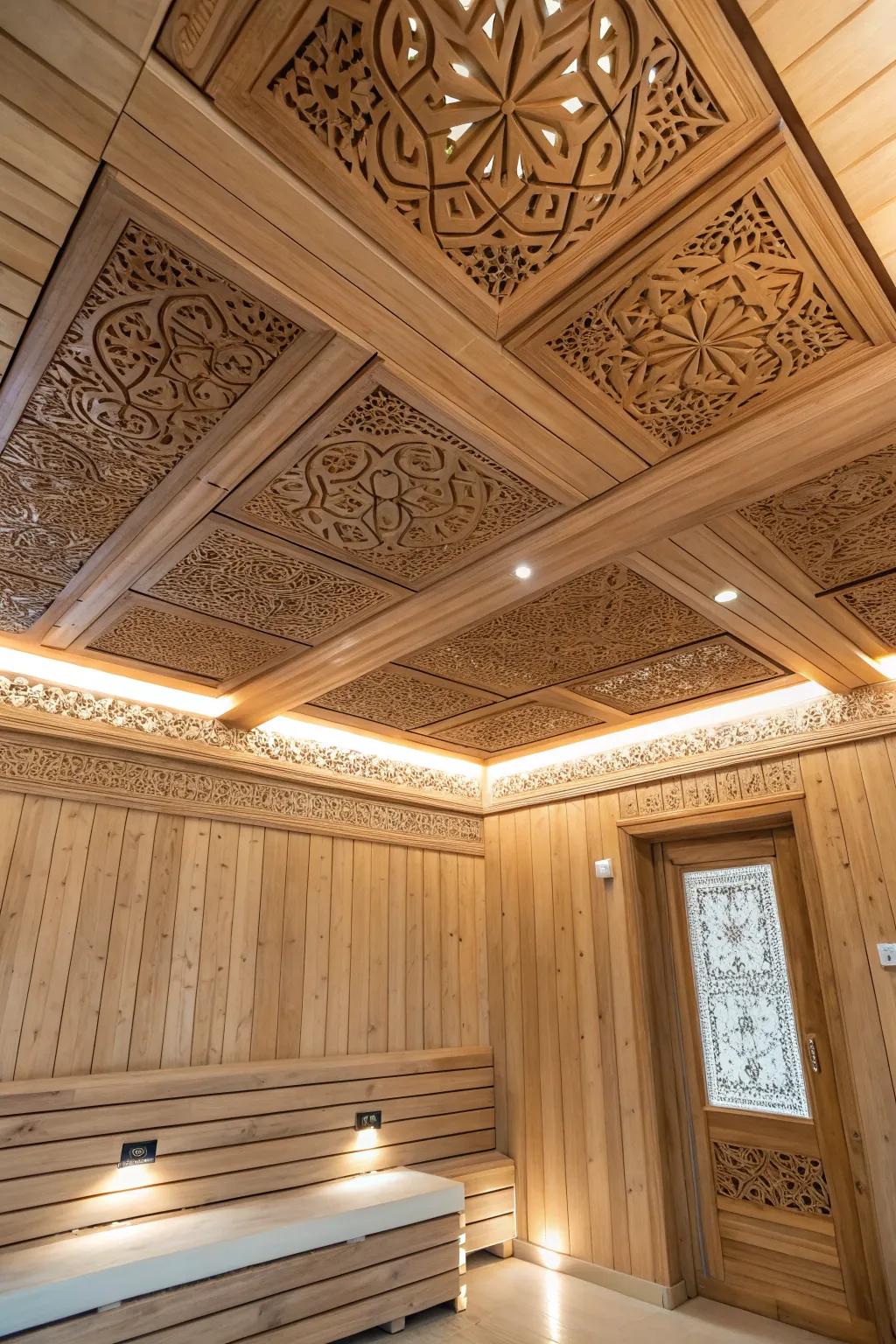 Textural panels that foster an opulent ceiling motif.