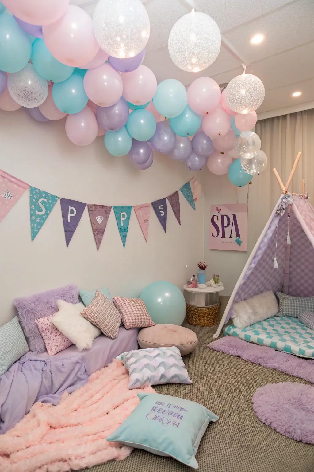 Blown-up spheres and festoons append a celebratory atmosphere to the spa sleepover environment.