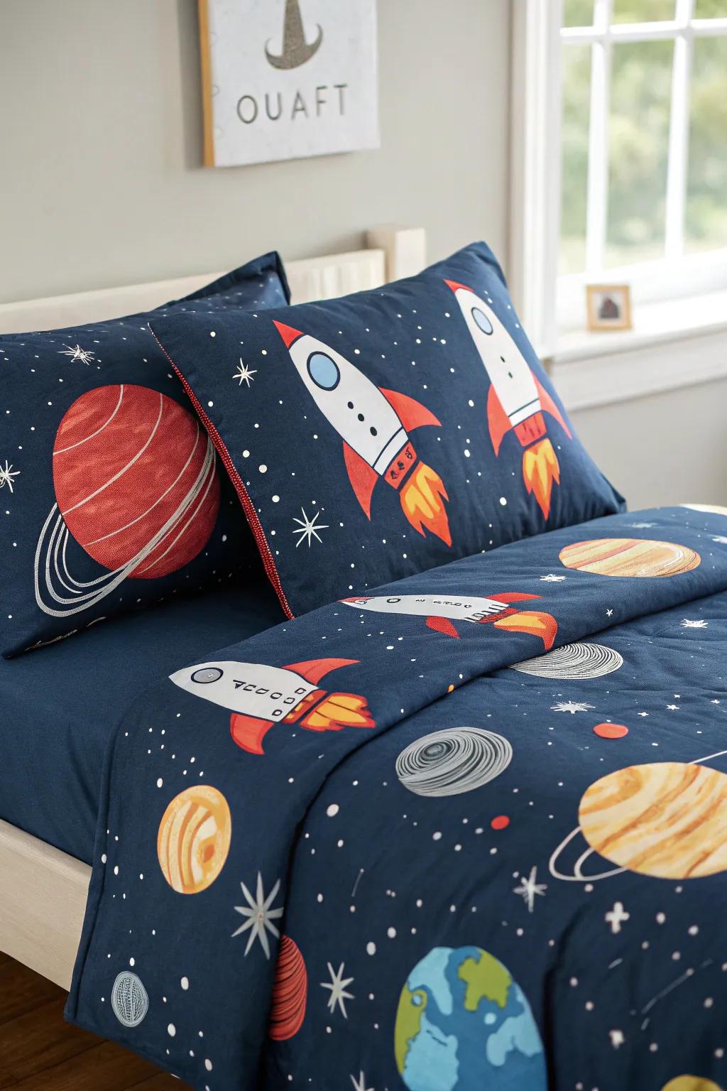 Space-themed bedding that adds a playful touch to the space.