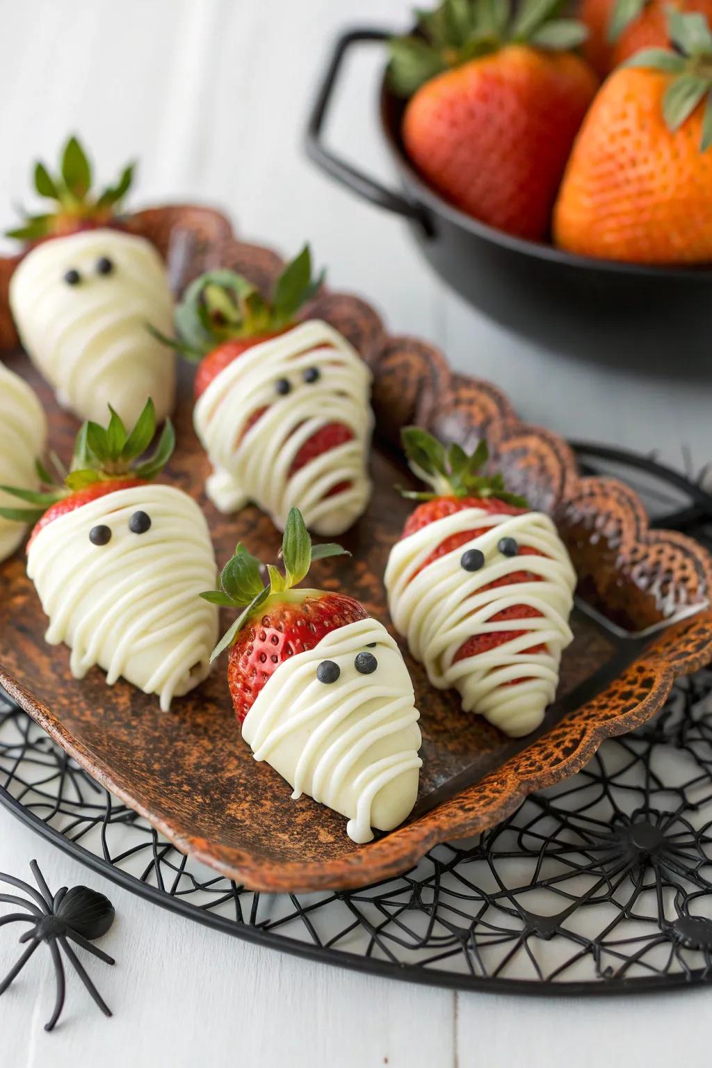 Embalmed strawberries which inject a semblance of sugary delight to the spectral eve.
