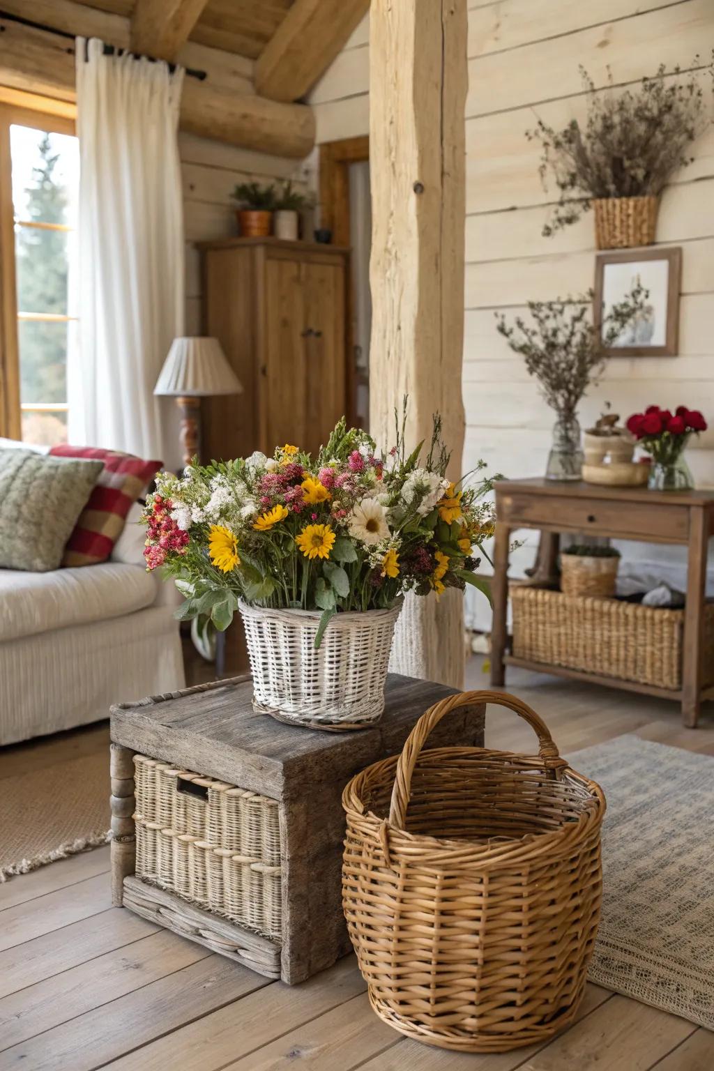 Earthy materials bring a rustic touch to your spring decor.