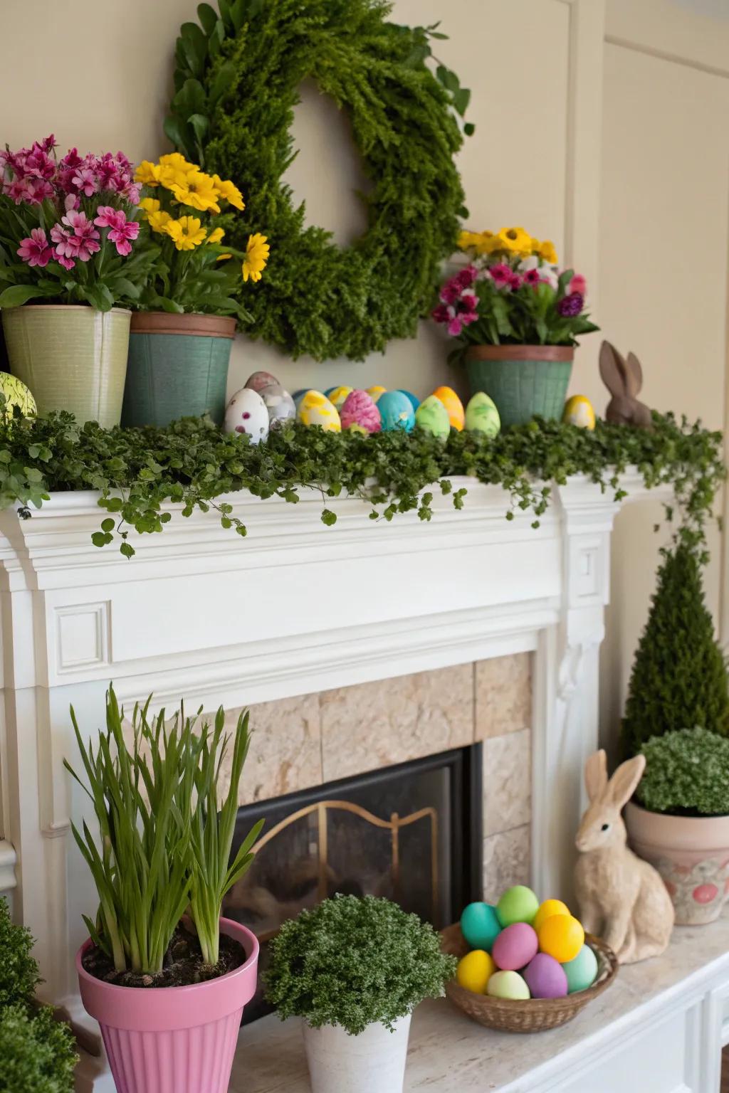 Greenery brings a refreshing natural essence to the mantel.