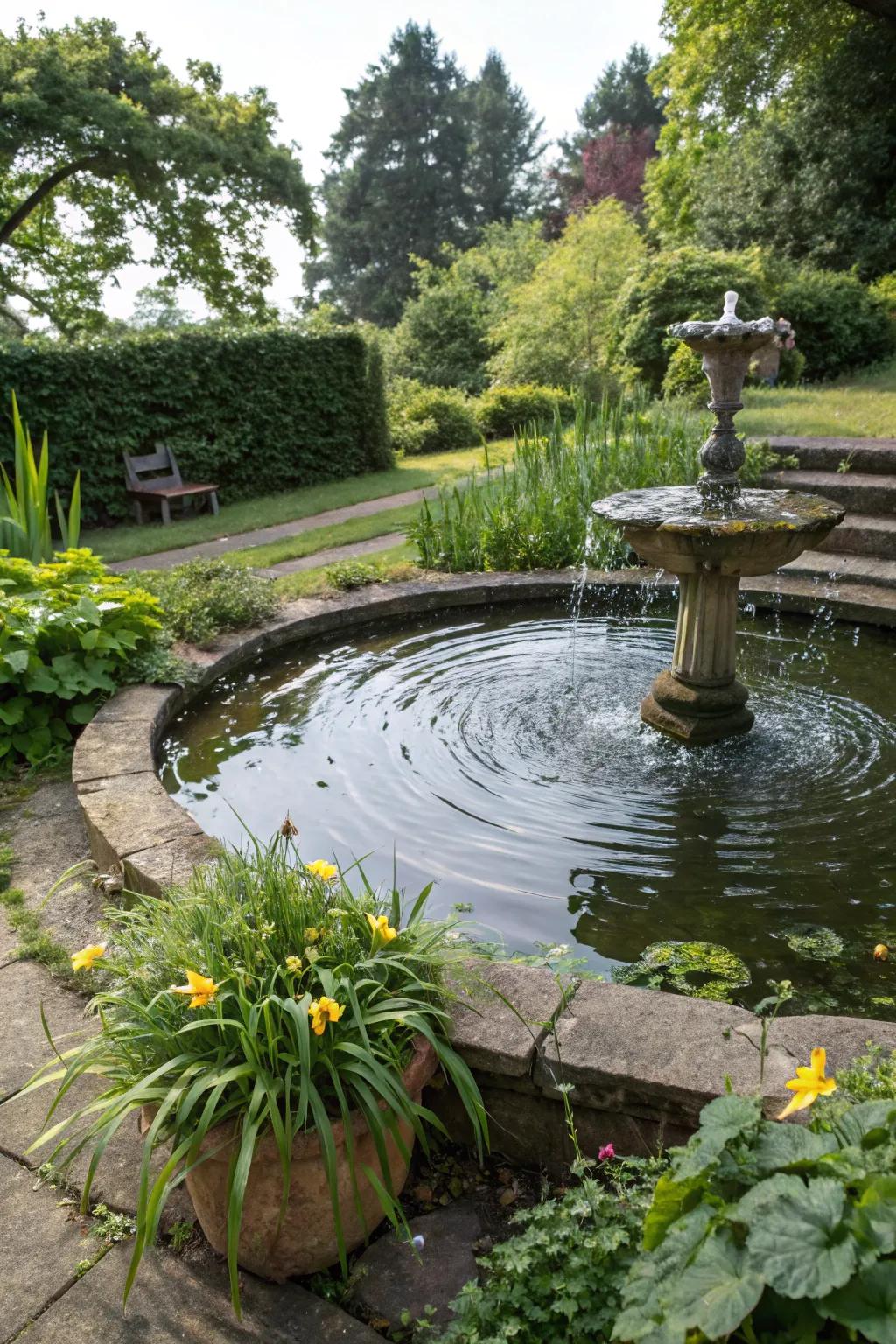 A serene garden pond featuring a fountain contributes a tranquil constituent to the landscape.
