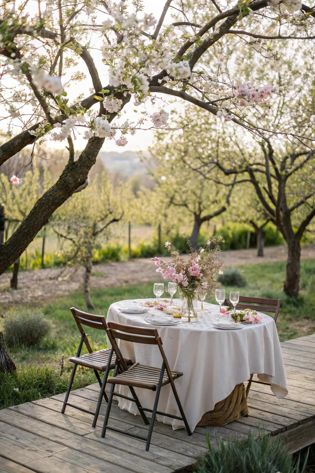 An outdoor table styled amidst springtime blooms.