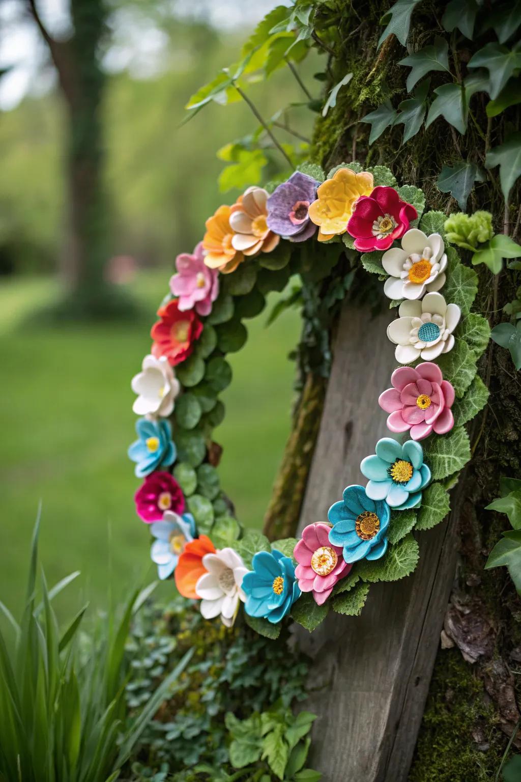 An eco-friendly wreath assembled from repurposed materials.