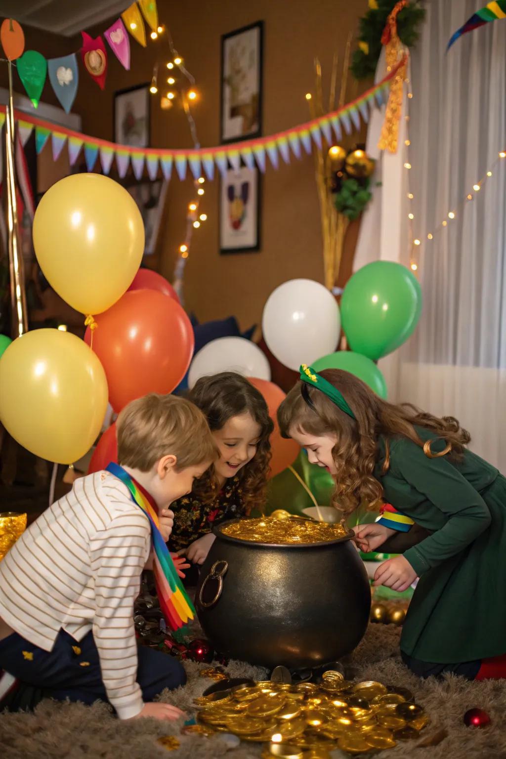 Children's surprise captured as they uncover a treasure of gold.