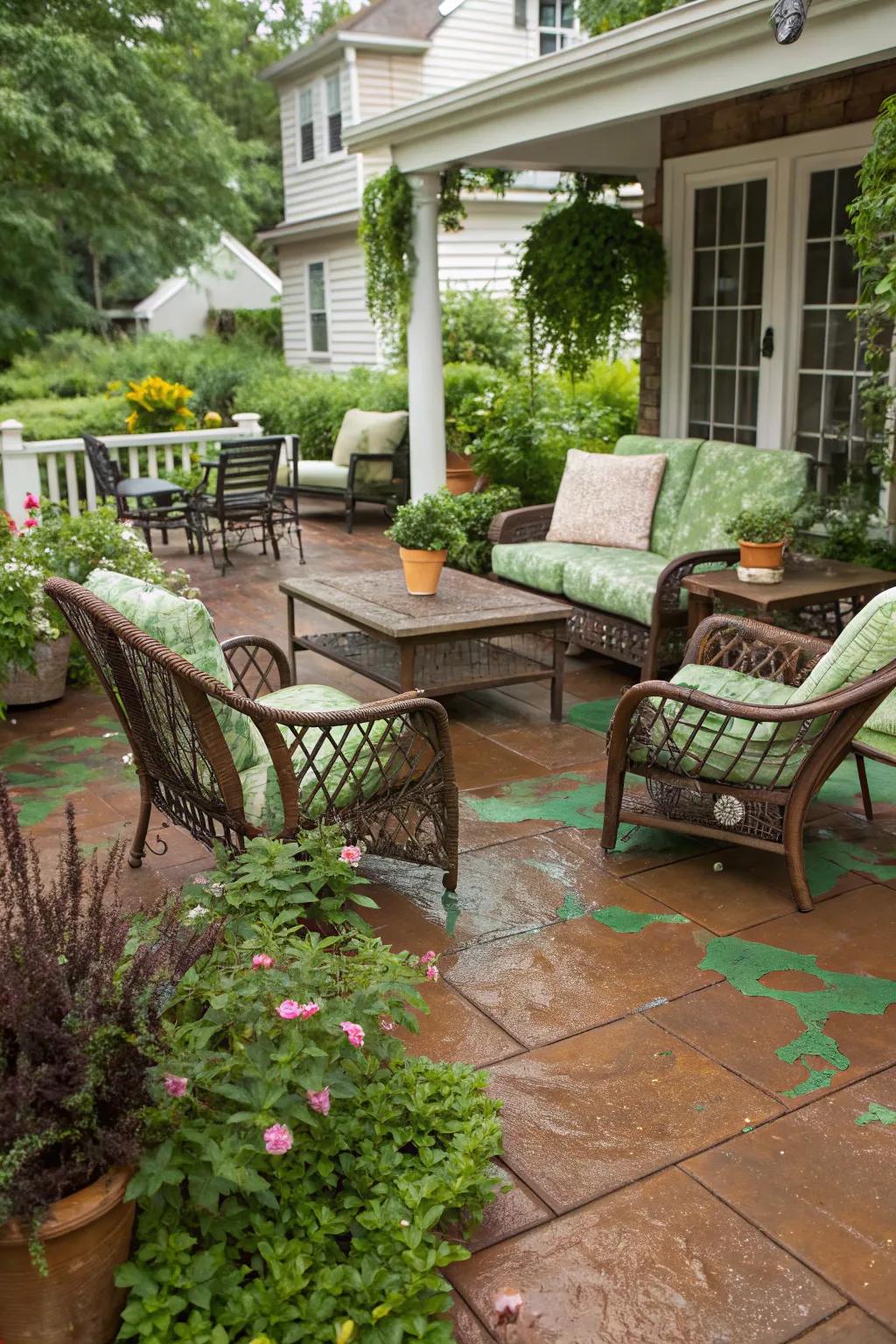 A creatively tinted patio with a fusion of earthy and green tones.