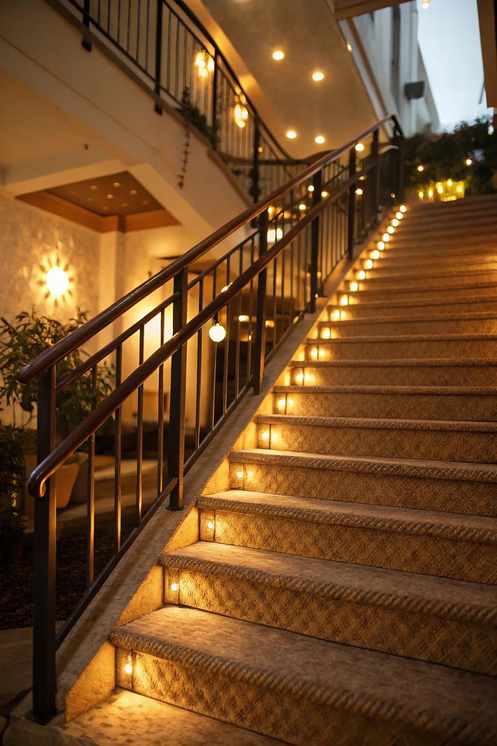 Ambient lighting enriches the staircase's mood.