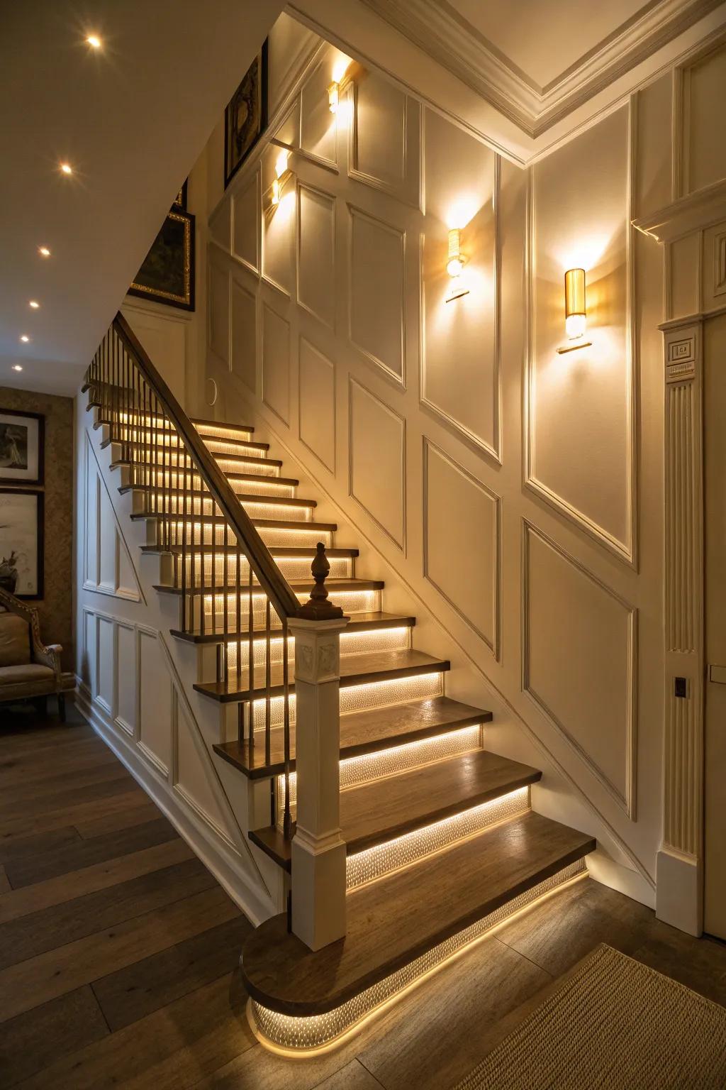 Accent lighting enhances the allure of stair cladding.