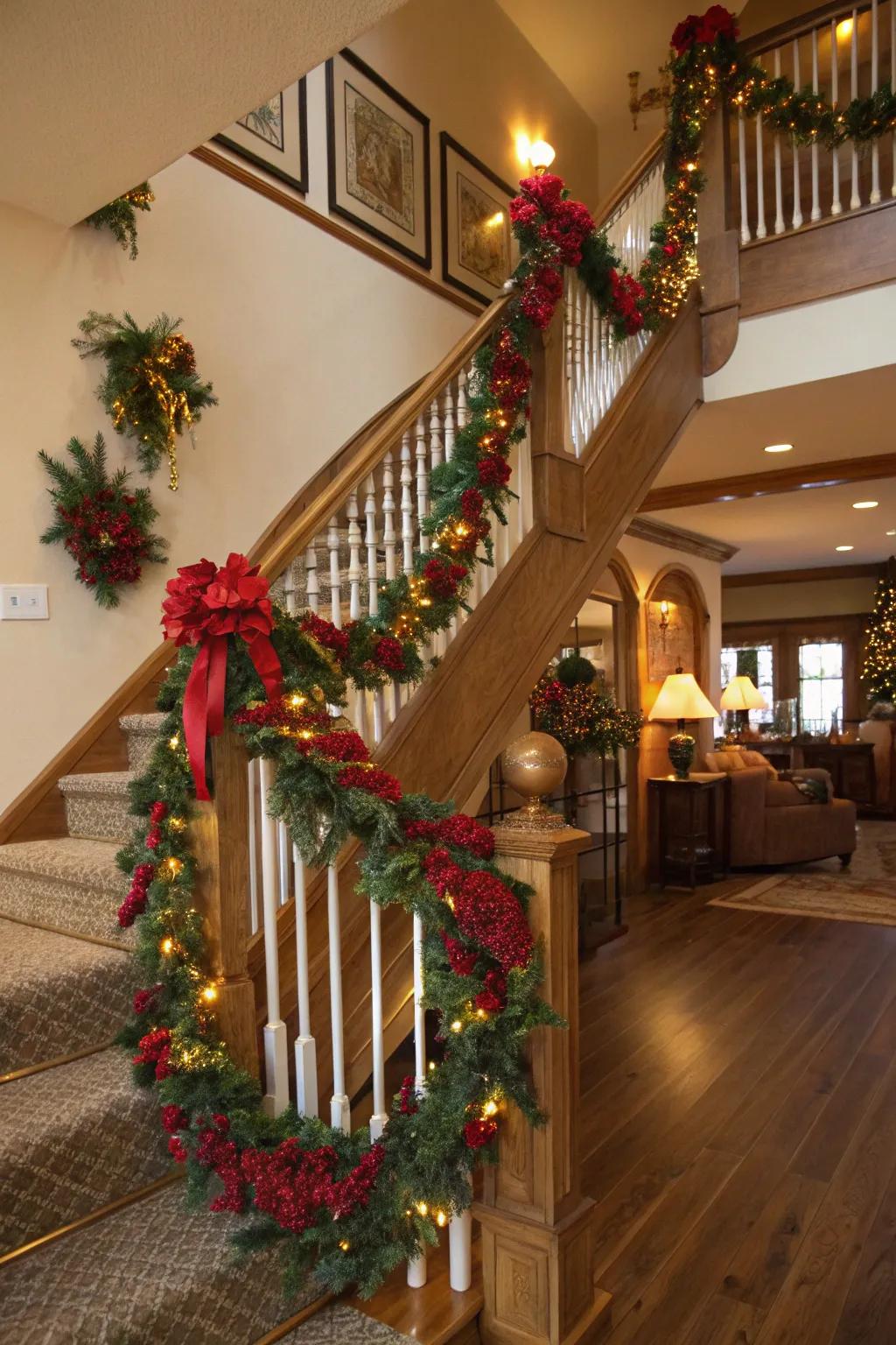 A celebratory shade arrangement of crimson, verdant, and refined on a staircase.