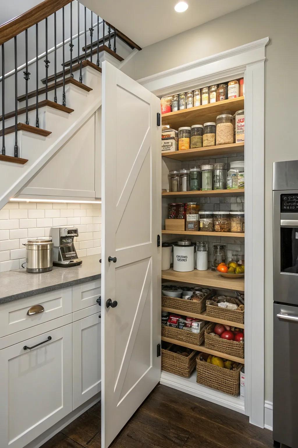 Broaden your kitchen storage through an under-stair pantry.
